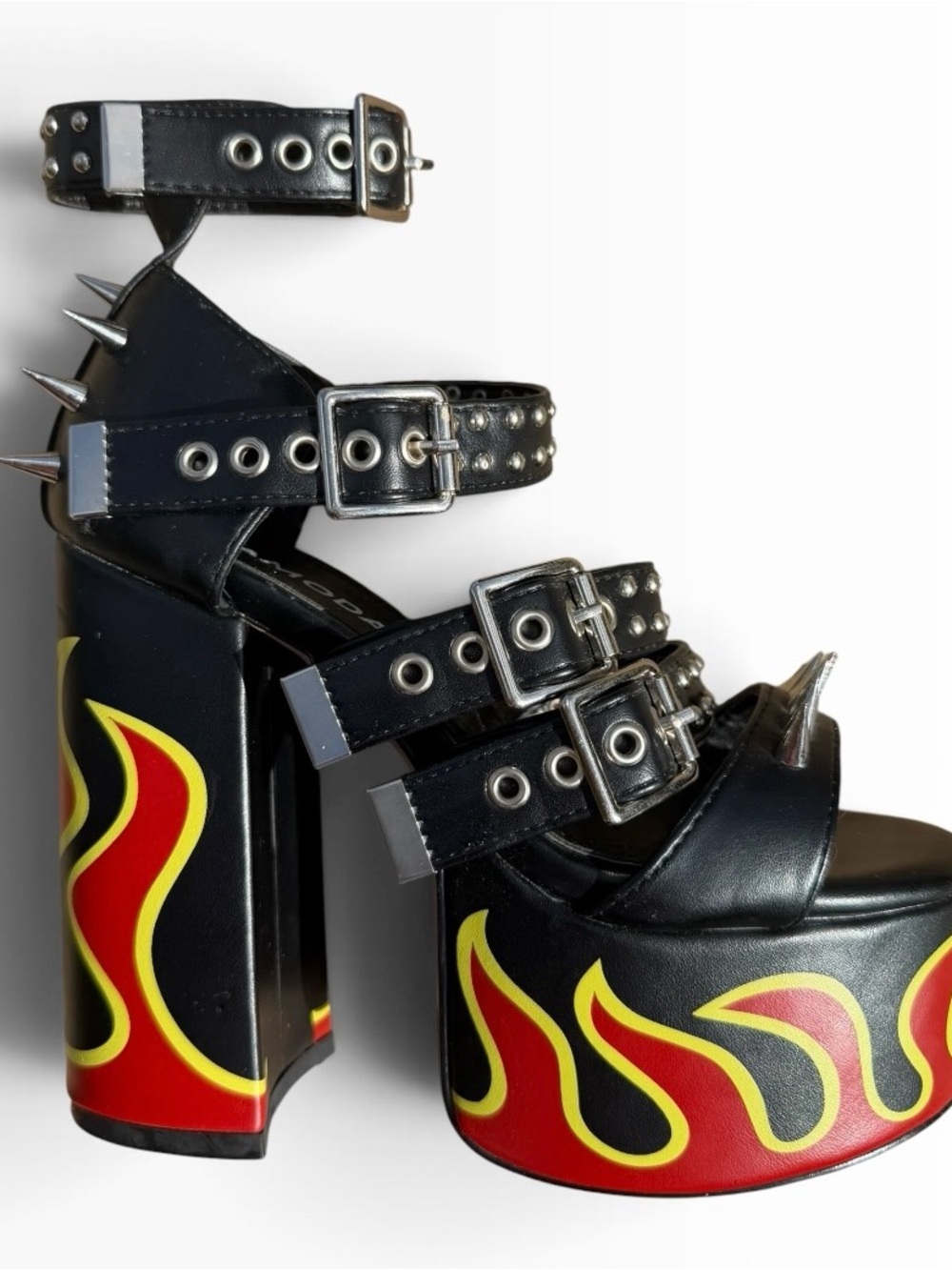 Black Lamoda Platform Sandals with Red & Yellow Flame Print and Buckle Straps